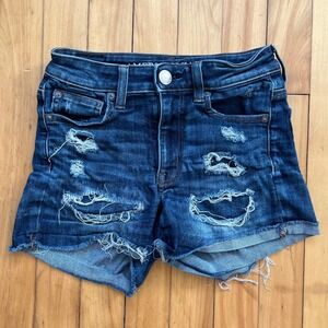 American Eagle Hi-Rise Shortie Distressed Denim Jean Shorts Dark Wash Size 00